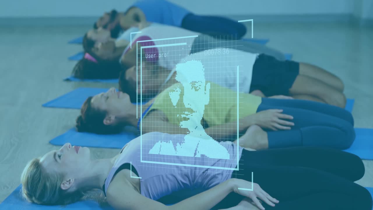 animación de iconos de perfil sobre un grupo de personas en forma diversas que realizan ejercicios de estiramiento en el gimnasio