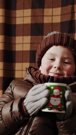 child in winter attire drinking from a christmas mug