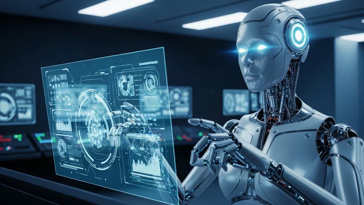 A futuristic robotic entity engages with an advanced holographic interface, showcasing the blend of technology and artificial intelligence in a high-tech environment.