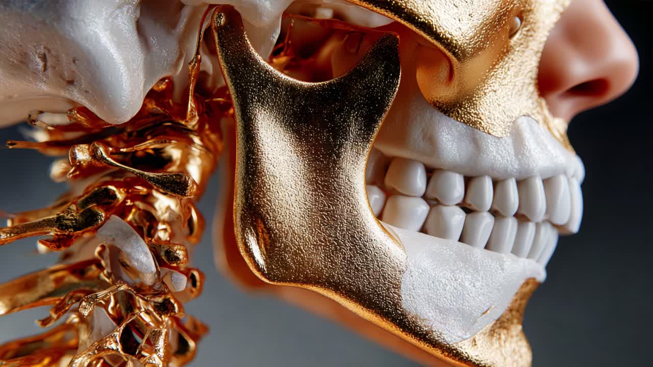 Detailed Analysis of a Gold and White Anatomical Human Skull Model, Highlighting Jaw Structure and Spine, Captured from Unique Angles for Educational Purposes