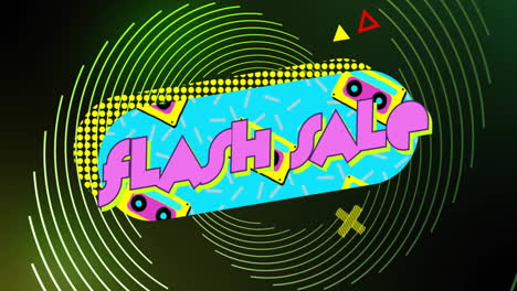 texto de venta flash con formas y patrones geométricos, animación sobre fondo verde