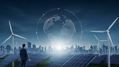 a vision of sustainable energy: a future shaped by solar and wind power with a global perspective above city landscapes
