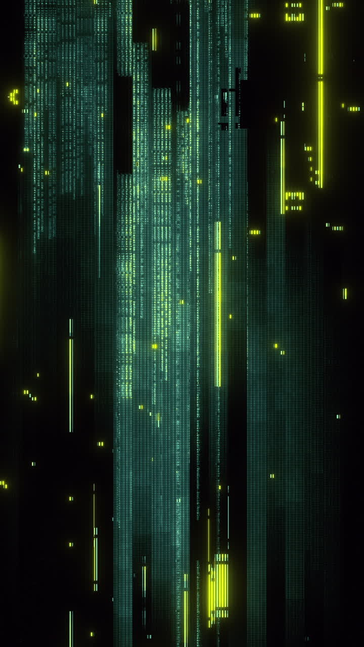 Abstract Digital Glitch Data Stream with Green and Yellow Lights