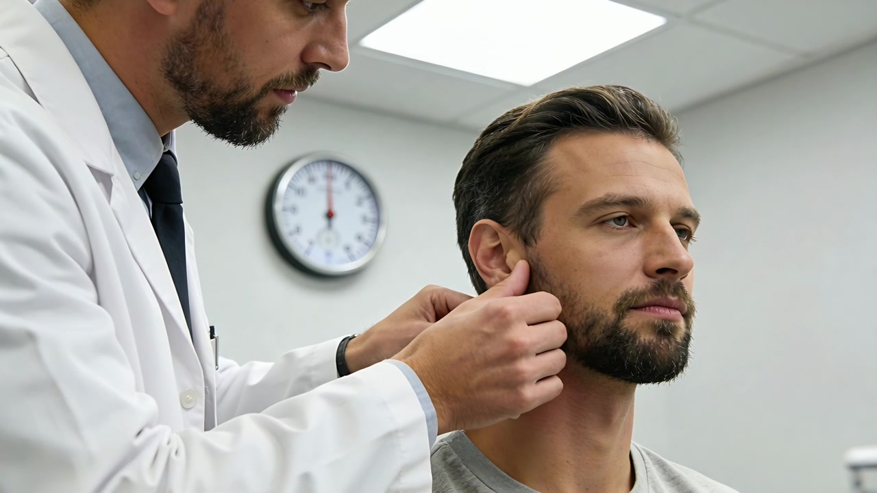 Medico in camice bianco che palpa la mascella di un paziente in maglietta grigia durante una visita in clinica, con orologio visibile.