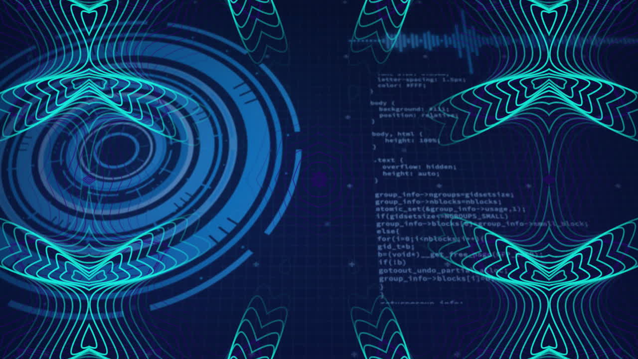 Coding and data processing animation over blue circular patterns and waveforms