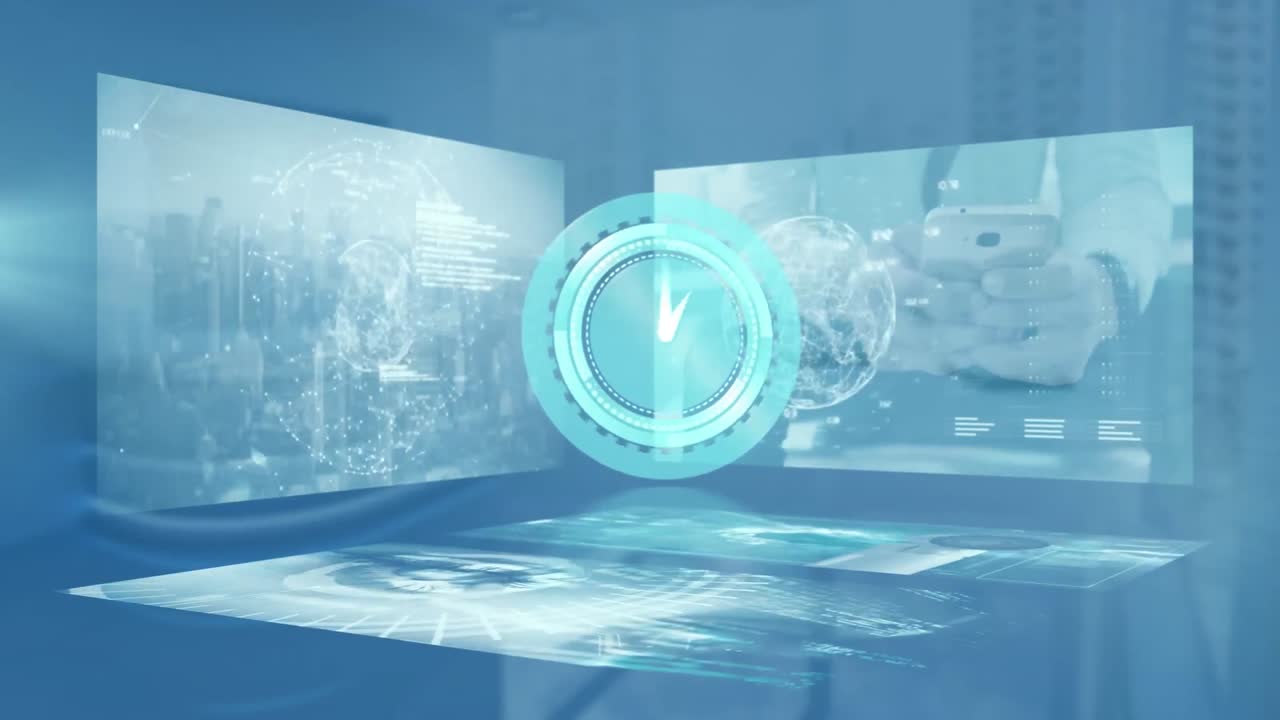 움직이는 시계의 애니메이션과 배경의 화면에서 다양한 데이터 처리