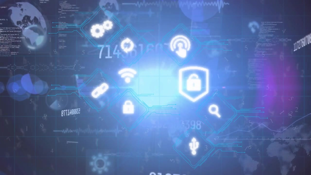 Futuristic Digital Data Network with Security and Communication Icons