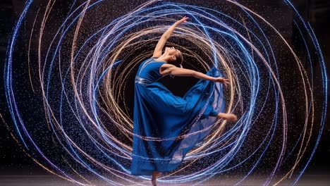 an enchanting dance performance captured in motion, showcasing a graceful dancer in a stunning blue dress surrounded by mesmerizing swirls of light and sparkles