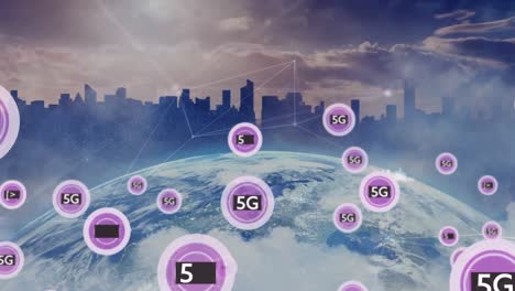 Animation-of-network-of-5g-text-over-globe-and-cityscape