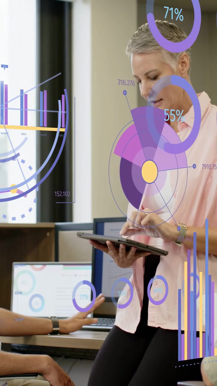 Vertical video: Lead analyst opening tablet at desk guiding analytics review with motion charts