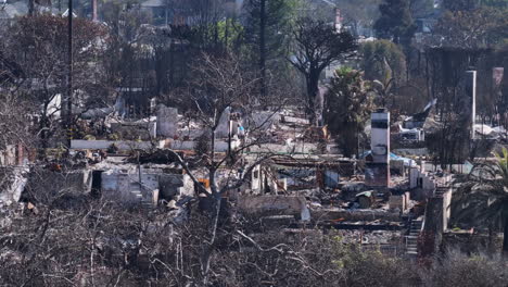 residential area devastated by wildfire, showing destroyed homes and charred trees