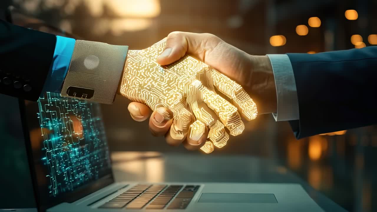 A futuristic video concept of AI collaboration, showing a human and robotic hand shaking