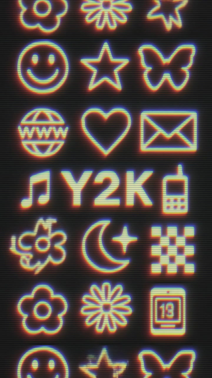 Icone retrò animate Y2K con effetto glitch su schermo a scansione