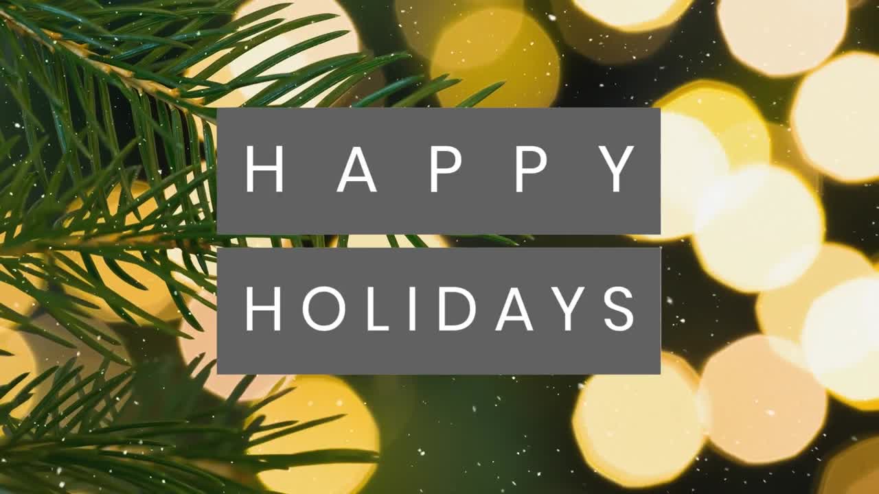 Animation of snow falling over happy holidays text banner against tree branch and spots of light