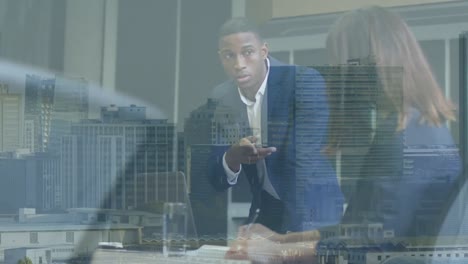 animation of diverse business people over cityscape