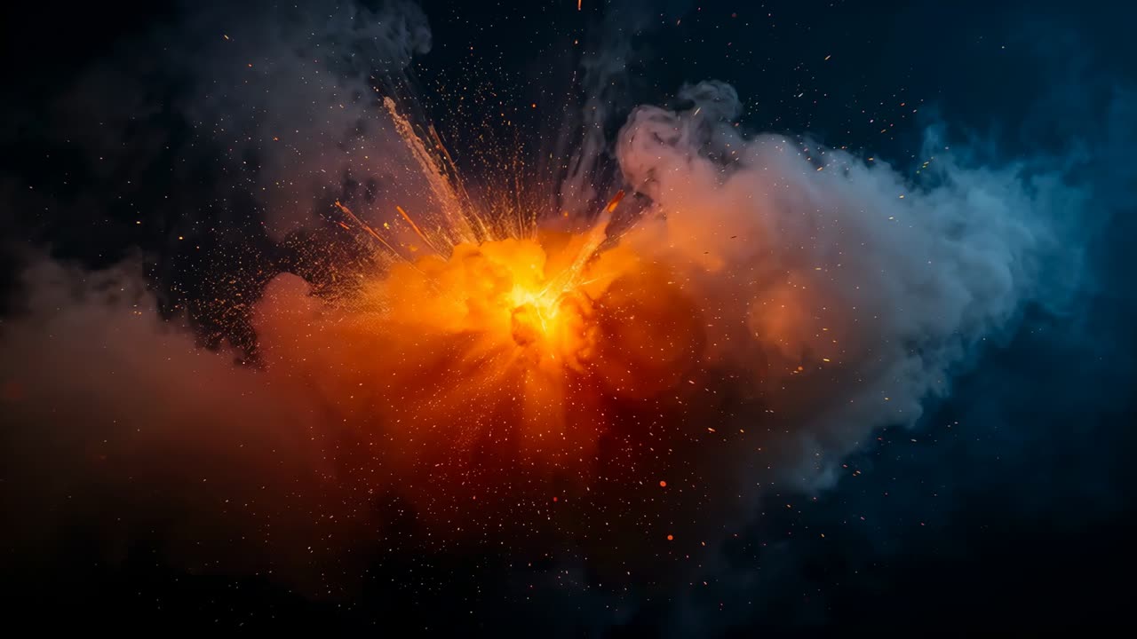 Brightening orange core igniting smoke cloud, emitting embers with bluish-gray edges for simulation