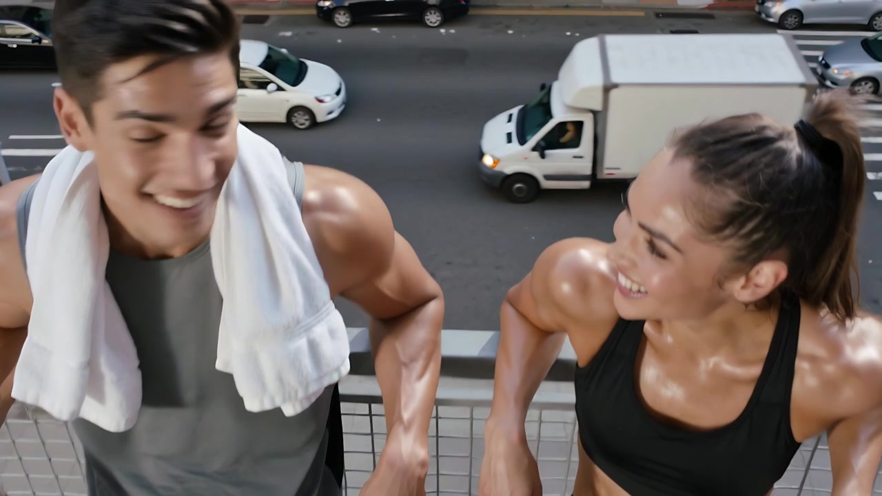 Coppia in forma che si appoggia, riprendendo fiato dopo una corsa sul balcone, sorridendo e ridendo, mentre un furgone passa sotto.