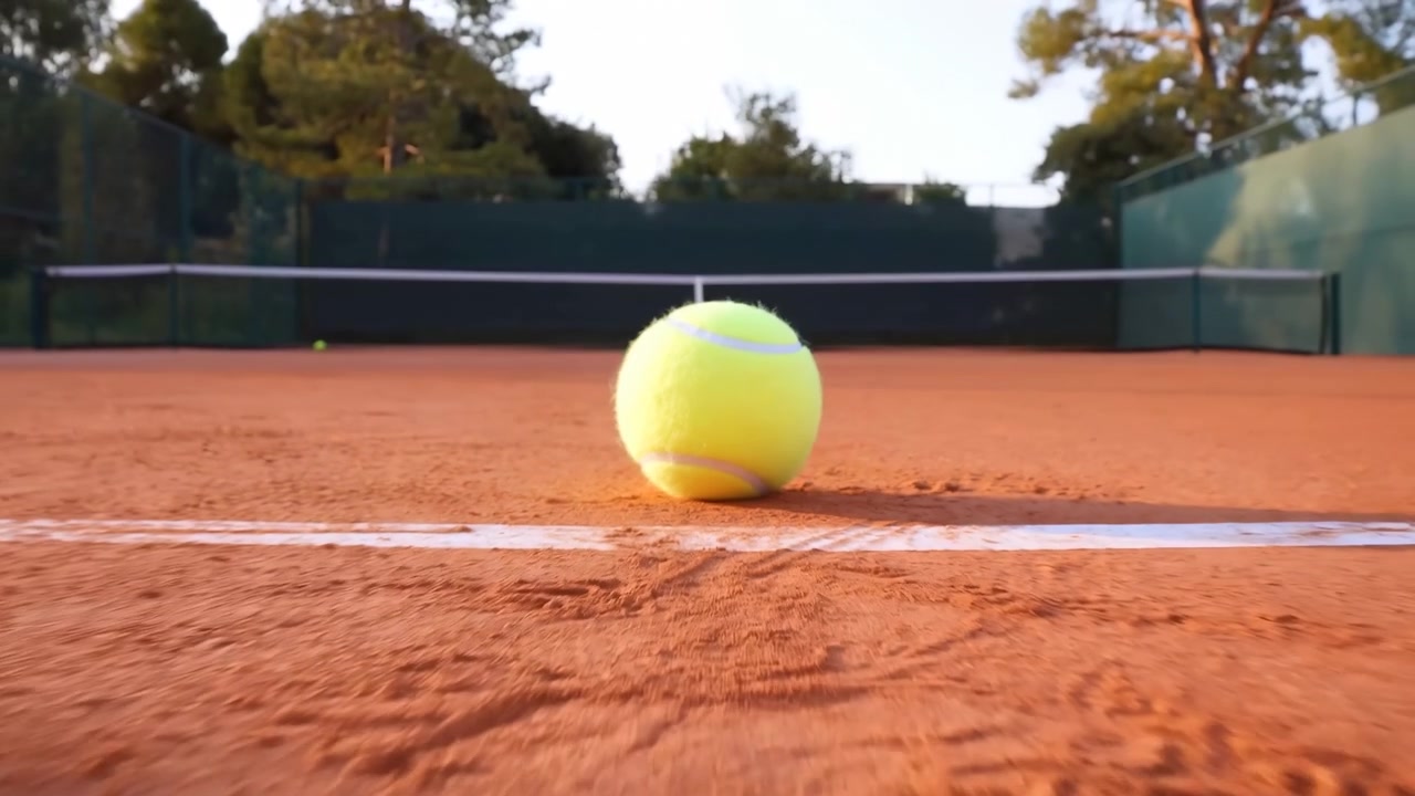 Low eye-level motion shot showing bright yellow tennis ball centered near baseline on orange clay court, stationary with crisp shadow anchoring it to granular