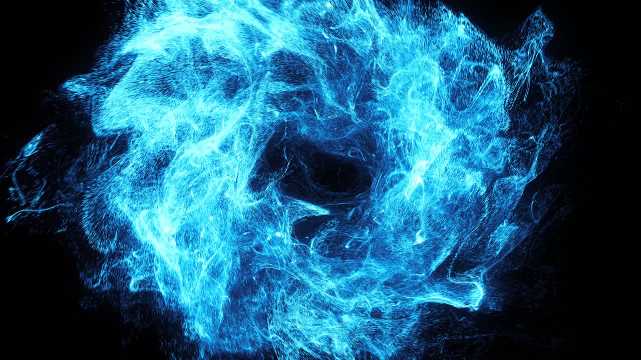Particelle energetiche blu luminescenti astratte che turbinano su sfondo nero.