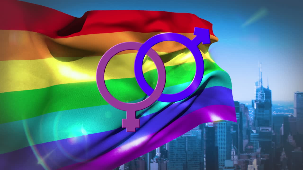 género masculino y femenino unido con bandera del arco iris en bandera del arco iris y paisaje urbano de fondo