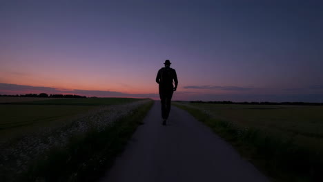 man walking on country road at sunset