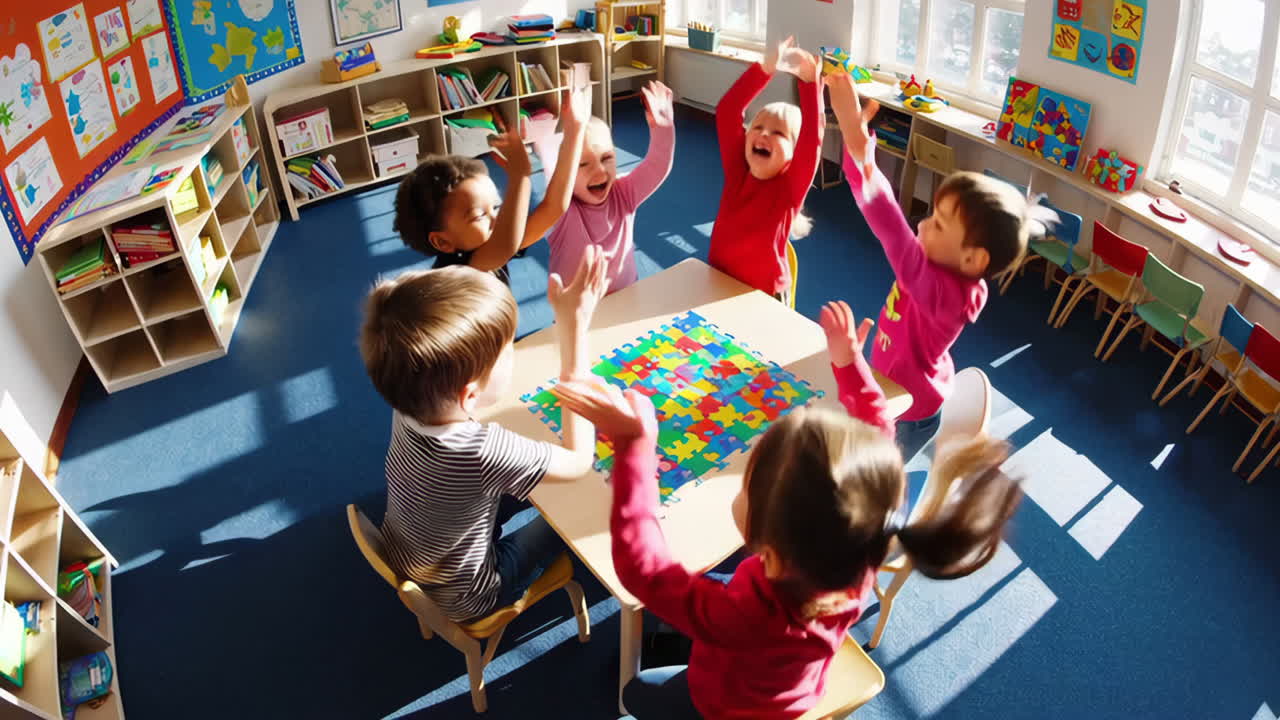 Diverse children playing and learning together in a bright kindergarten classroom