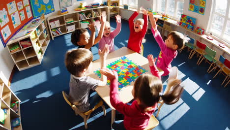 diverse children playing and learning together in a bright kindergarten classroom