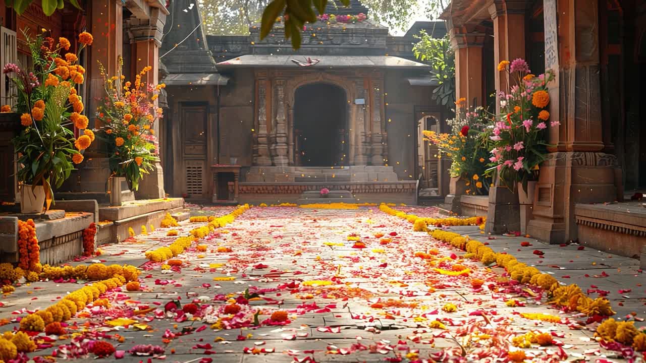 A beautiful pathway adorned with vibrant flower petals leading to a traditional temple