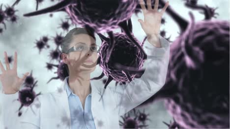 el médico finge tocar las células de las bacterias púrpuras 4k
