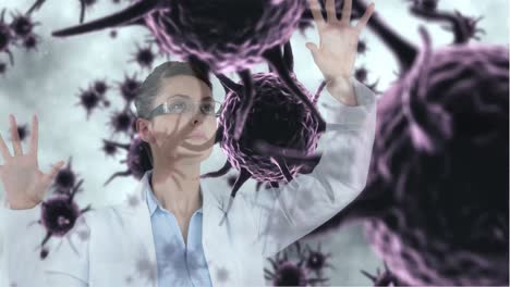 doctor pretending to touch purple bacteria cells 4k