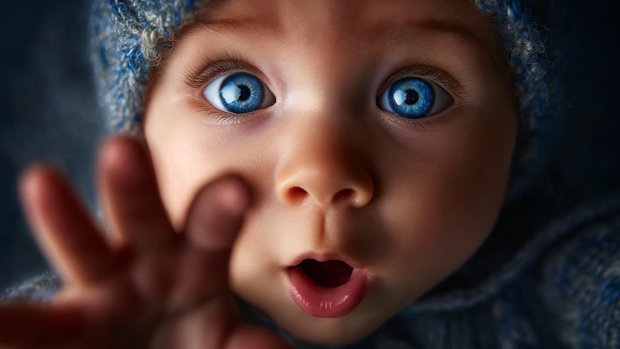 A captivating close-up of an inquisitive baby with striking blue eyes, expressing wonder and curiosity while reaching out, embodying the essence of childhood innocence and exploration