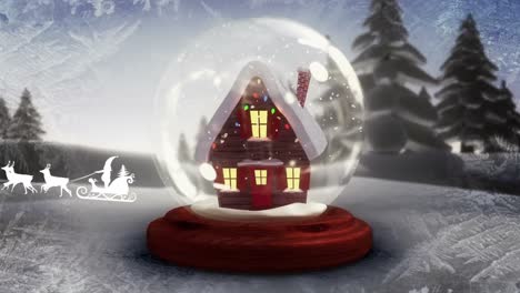 Animation-of-snow-falling-over-santa-claus-in-sleigh-with-reindeer-and-christmas-snow-globe