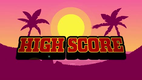 animation of high score text over palm trees sunset background