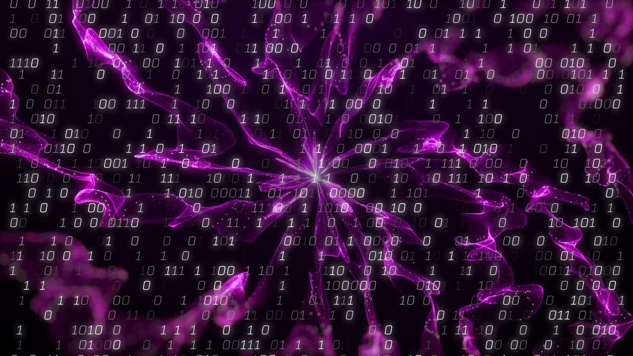 Binary code over abstract purple fractal animation