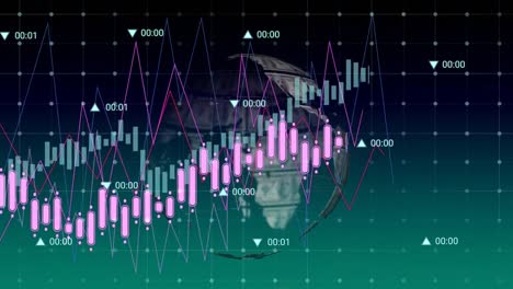 Animation-of-data-processing-and-globe-of-dollar-bills-against-green-gradient-background