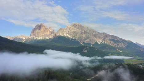 Aerial-Italy-Dolomites-Fog-Drone-Mountians-Trees-Wilderness-Beauty-Sunrise