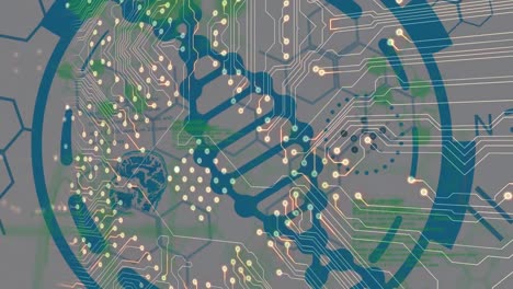 Animation-of-dna-strand-and-data-processing-over-computer-circuit-board-on-black-background