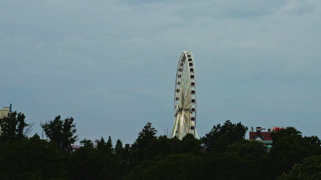 A view of the Niagara SkyWheel peeking above a treetop skyline, framed by city buildings and a pale blue sky