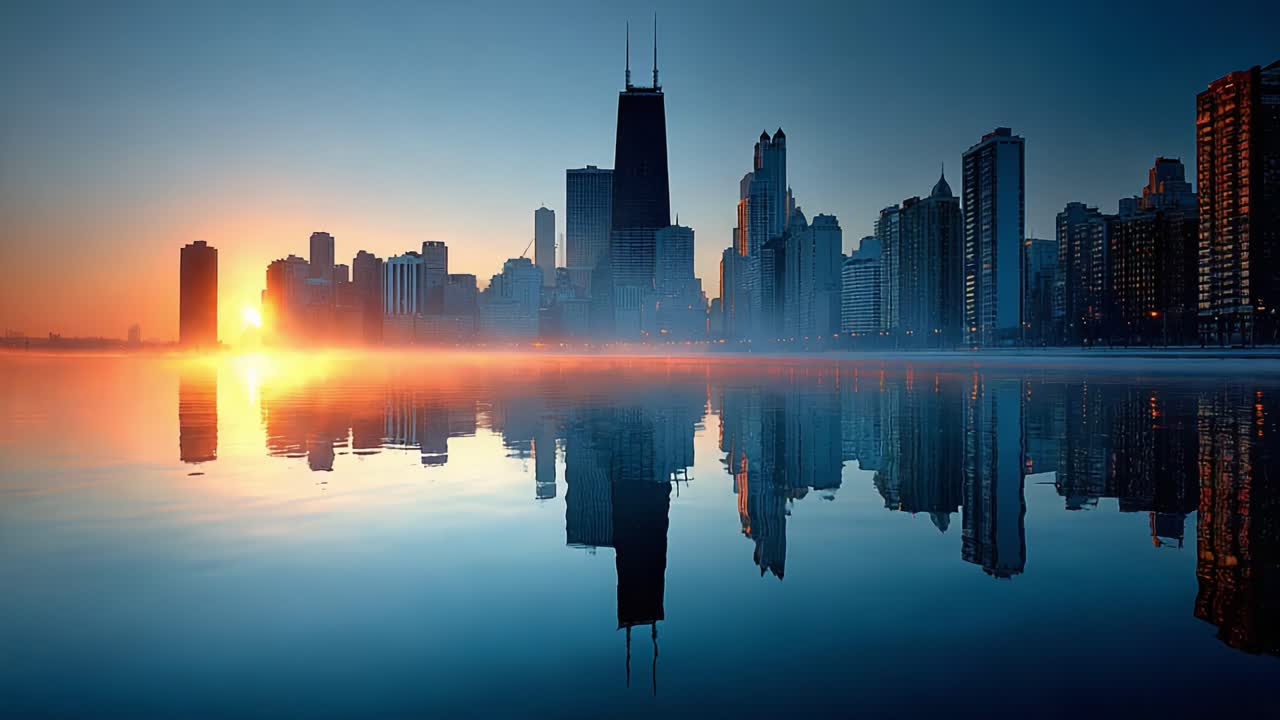 A Stunning Silhouette of a City Skyline Bathed in the Warm Glow of the Rising Sun Reflected in Calm Waters with a Mysterious Fog Enhancing the Atmosphere