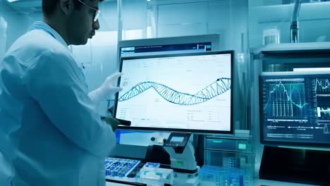 científicos trabajando en un laboratorio, analizando datos de adn en pantallas de computadora