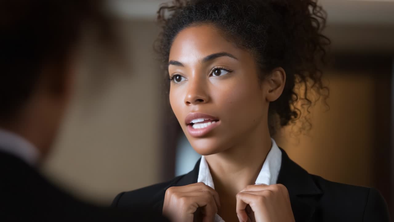 A confident woman adjusting her collar in a professional setting, embodying self-assurance and poise. This image captures her focused demeanor, reflecting readiness and determination in a corporate environment