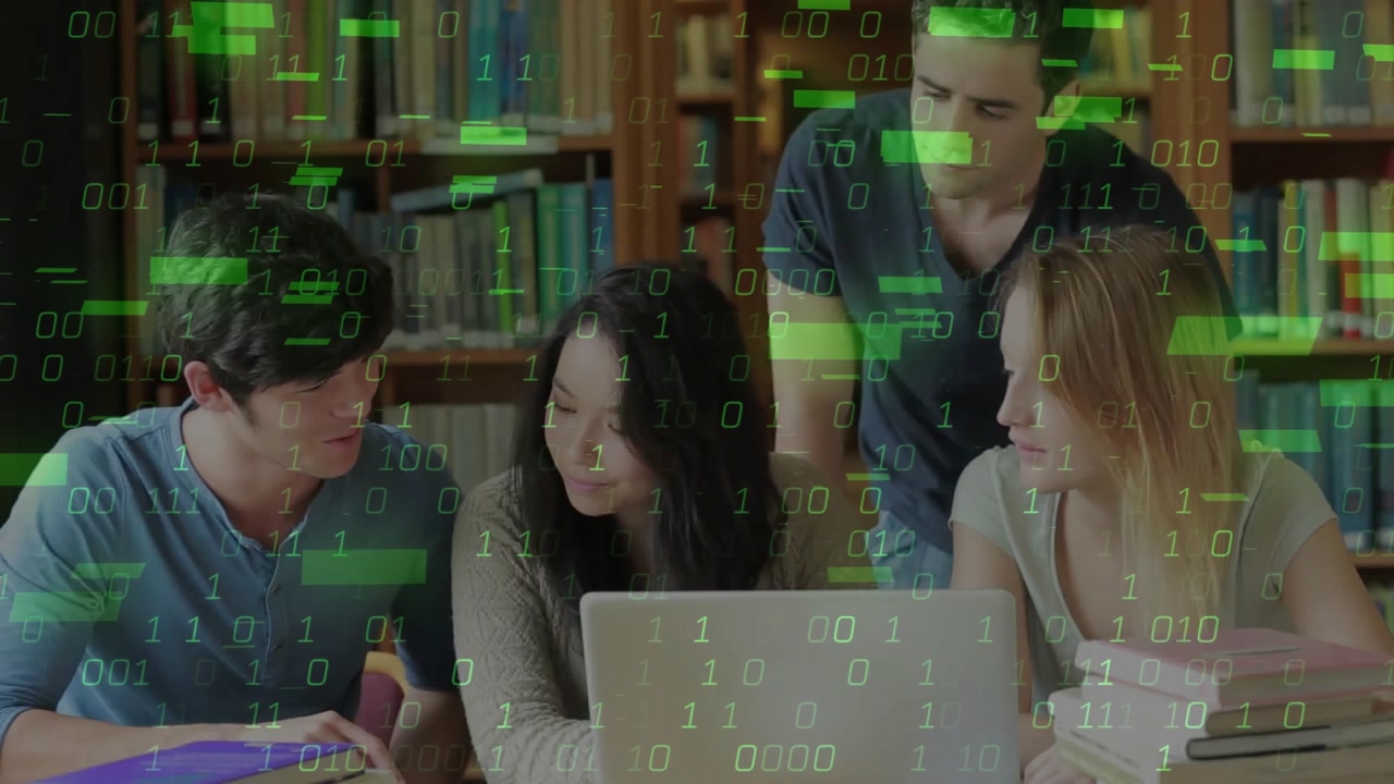 Students starting study at library flipping pages watching binary data bars drifting for education