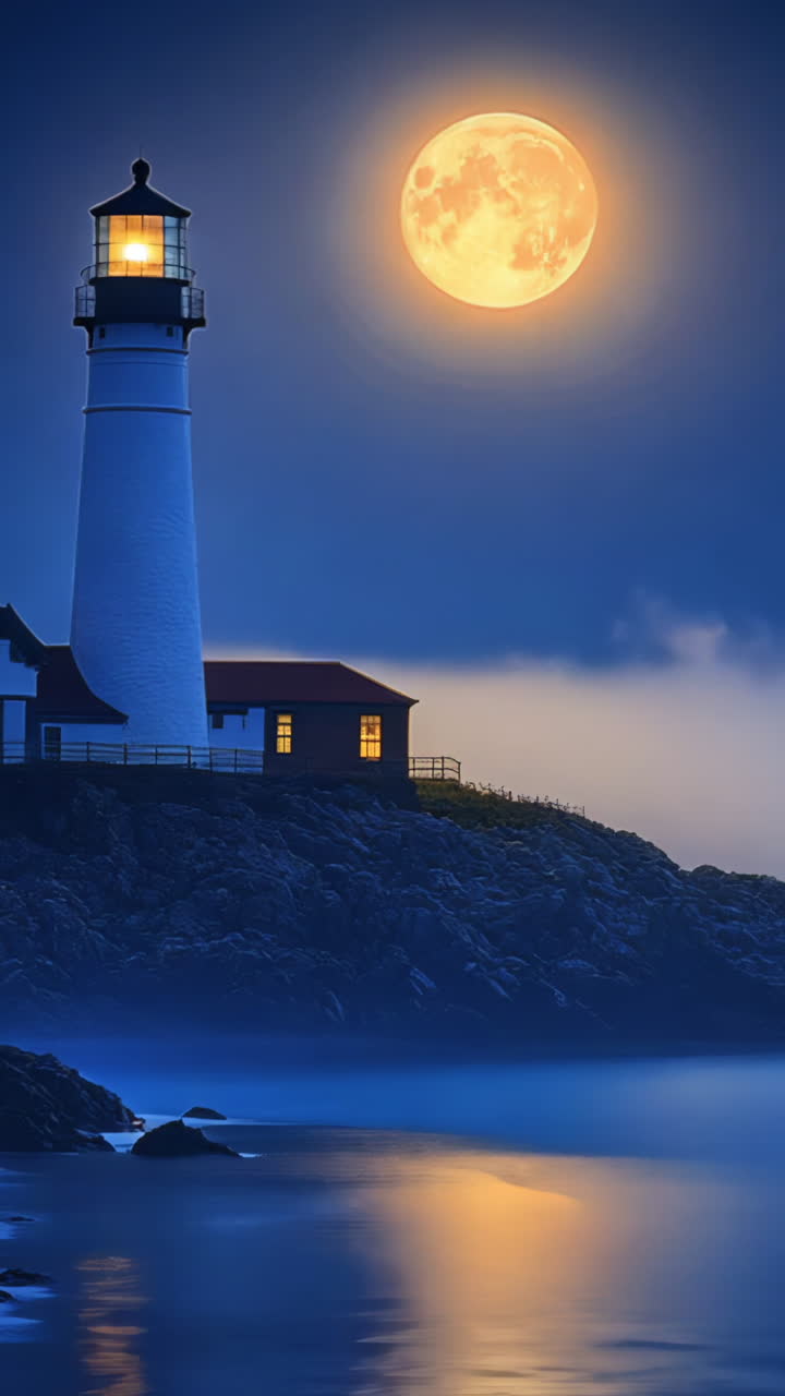 A lighthouse is on a rocky shoreline at night. The moon is shining brightly in the sky