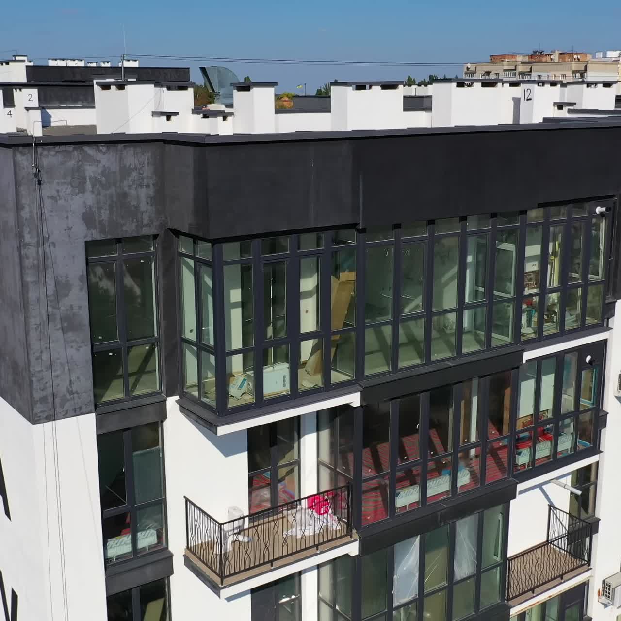 Drone view of city residential area. Aerial view of new modern apartment buildings for families