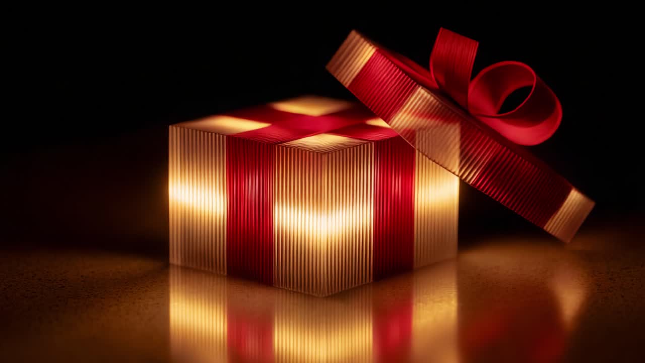 A Stunningly Illuminated Decorative Gift Box with a Stylish Red Ribbon and Bow Captivatingly Displayed Against a Dark Background, Evoking a Sense of Anticipation for Special Occasions and Celebrations