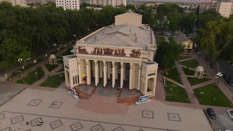 architectural detail of music and drama theatre in khujand, tajikistan - aerial drone shot