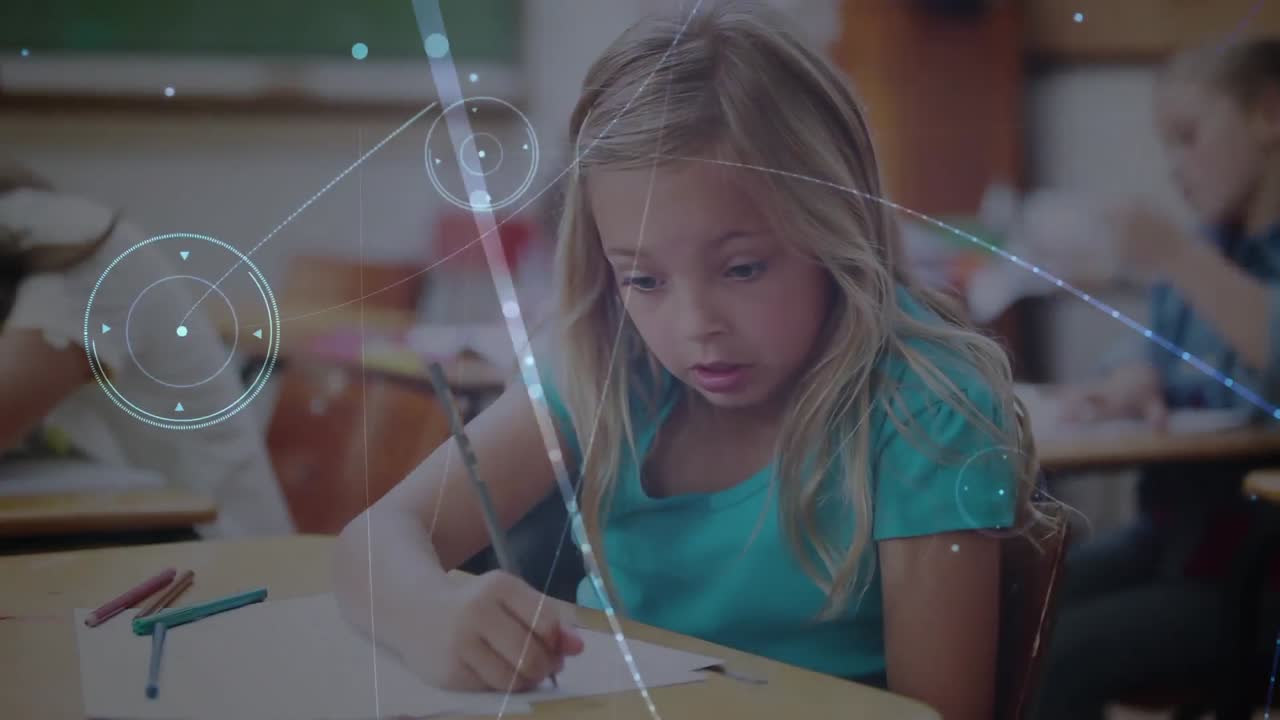 Animation of network of connections over schoolgirl writing