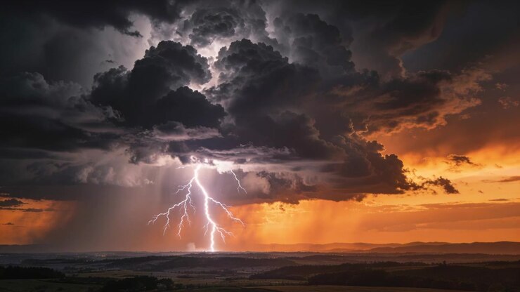 Fulmini impressionanti illuminano un cumulonembo sopra una pianura al tramonto, con saette ramificate e pioggia retroilluminata
