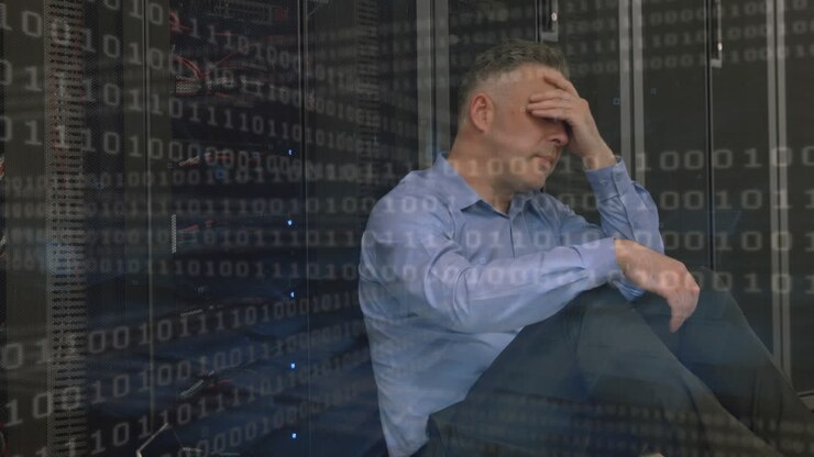 Digitale Komposition eines gestressten Technikers in einem Serverraum