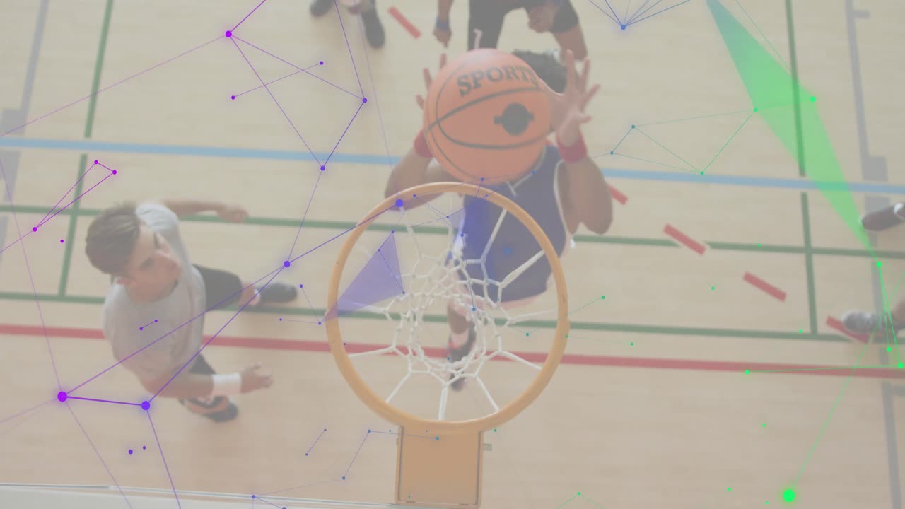 Basketball player dribbling to hoop, defenders blocking path, player leaping dunking ball into net